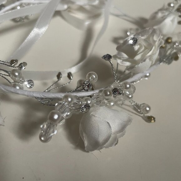 White Floral Pearl & Crystal Headband Crown - Picture 2 of 8